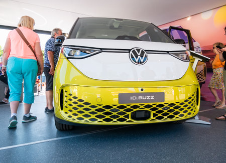 Vienna, Austria - June 2022: Close up detail with the new Volkswagen ID. Buzz electric van carのeditorial素材
