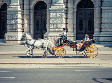Vienna, Austria - June 2022: Tourists in a horse drawn Carriage Tour . Tourist activity in Viennaのeditorial素材
