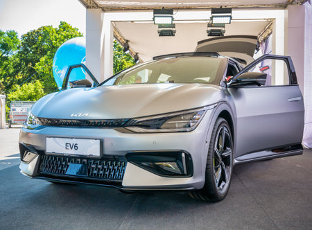 Vienna, Austria - June 2022: Close up detail with the new Kia EV6 electric SUV carのeditorial素材