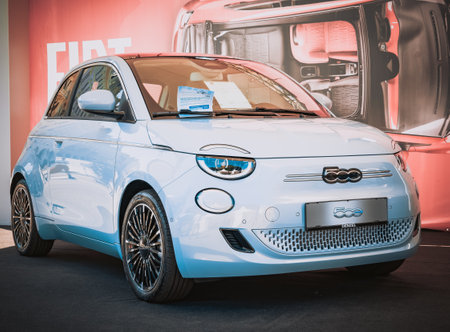 Vienna, Austria - June 2022: Close up detail with the new Fiat 200 hybrid small city carのeditorial素材
