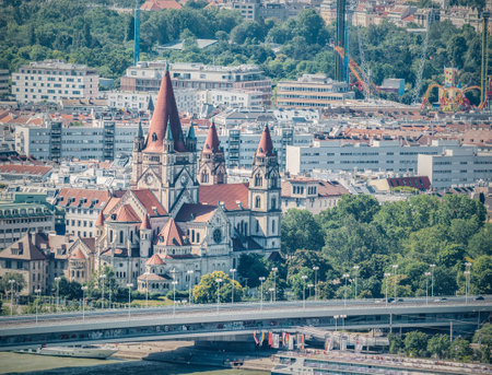Vienna, Austria - June 2022:View from above with St. Francis of Assisi Church (Katholische Kirche Donaustadt), a Basilica-style Catholic church in Vienna, Austriaのeditorial素材
