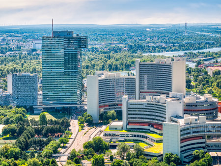 Beautiful view from above with the modern buildings of Vienna International Centre (Internationales Zentrum Wien) in Austria. Building complex hosting the United Nations Office at Viennaのeditorial素材