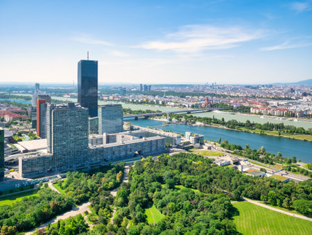 Vienna, Austria - June 2022: PwC (PricewaterhouseCoopers) offices located in DC Tower skyscraper in Viennaのeditorial素材