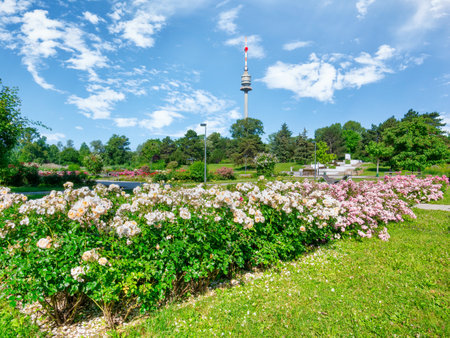 View with The Donauturm(Danube Tower) located in Donau Park. Iconic tower with observation terraces. Famous touristic attractionのeditorial素材