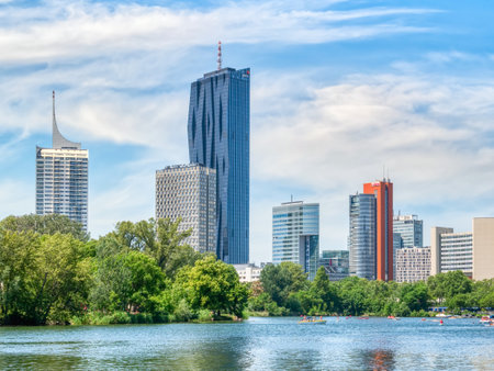 Vienna, Austria - June 2022: View from Kaiserwasser Alte Donau park with the building complex hosting the United Nations Office at Viennaのeditorial素材