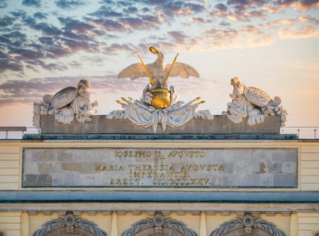 Vienna, Austria - June 2022: Close up detail with the inscription engraved on Gloriette Schonbrunn building.のeditorial素材