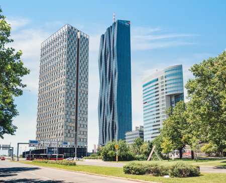 Vienna, Austria - June 2022: PwC (PricewaterhouseCoopers) offices located in DC Tower skyscraper in Viennaのeditorial素材