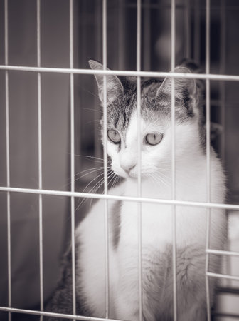 Small lovely cat kitten in a cage behind the fenceの写真素材