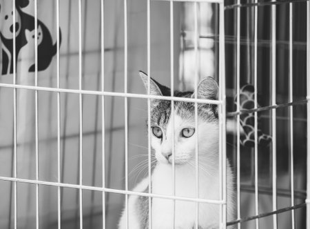 Small lovely cat kitten in a cage behind the fenceの写真素材