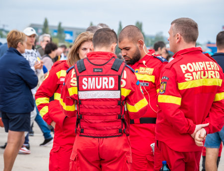 Bucharest, Romania - October 2022: SMURD crew wearing red uniform. SMURD is the emergency rescue service based in Romania and It deals with the worst emergency casesのeditorial素材