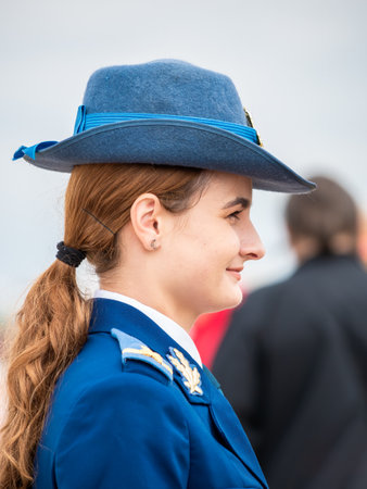 Bucharest, Romania - September 2022: Young student cadet at Romanian Aviation Academy in uniform.のeditorial素材
