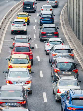 Bucharest, Romania - September 2022: Traffic jam or heavy congestion in Baneasa passage, Bucharest. Stationary cars on the street.のeditorial素材