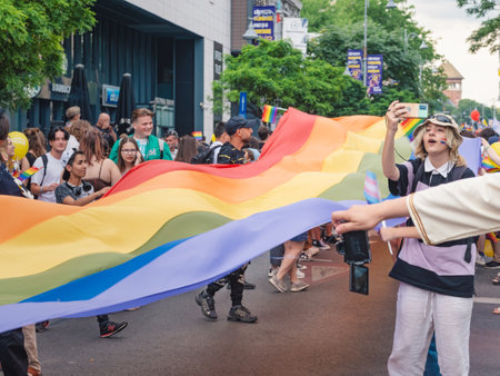Bucharest, Romania - July 2022: LGBTQ rainbow flag at Pride parade rally in Bucharestのeditorial素材