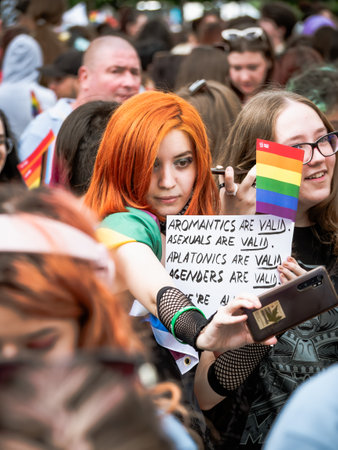 Bucharest, Romania - July 2022: Many people attending at LGBTQ Pride parade rally .のeditorial素材