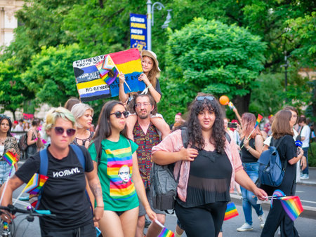 Bucharest, Romania - July 2022: Many people attending at LGBTQ Pride parade rally .のeditorial素材