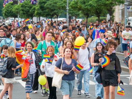 Bucharest, Romania - July 2022: Many people attending at LGBTQ Pride parade rally .のeditorial素材
