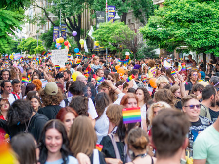 Bucharest, Romania - July 2022: Many people attending at LGBTQ Pride parade rally .のeditorial素材
