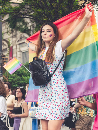Bucharest, Romania - July 2022: Many people attending at LGBTQ Pride parade rally .のeditorial素材