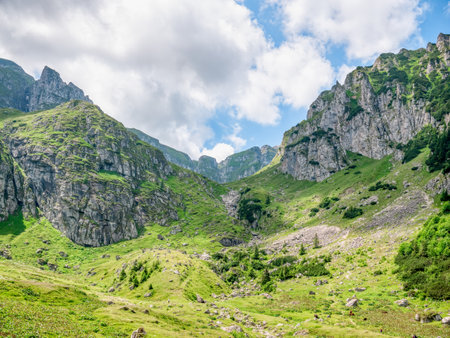 Beautiful landscape with Malaiesti Valley in the Bucegi Mountain part of the Carpathian Mountains of Romania.の写真素材