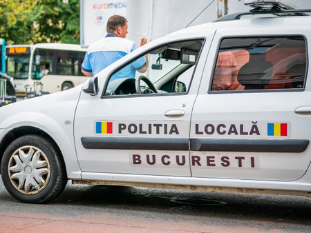 Bucharest, Romania - August 2022: Local Police car in the old town of Bucharestのeditorial素材