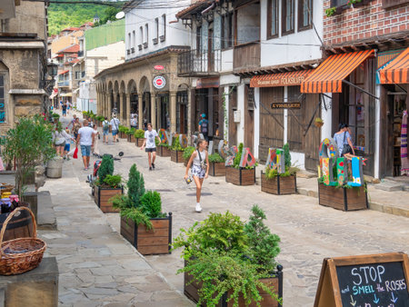 Veliko Tarnovo, Bulgaria - August 2022: Samovodska Charshiya street one of the most important tourist attraction in Veliko Tarnovoのeditorial素材