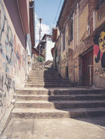 Veliko Tarnovo, Bulgaria - August 2022: Scene from Veliko Tarnovo touristic historical town. Old worn out buildings in Bulgariaのeditorial素材