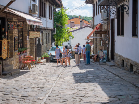 Veliko Tarnovo, Bulgaria - August 2022: Samovodska Charshiya street one of the most important tourist attraction in Veliko Tarnovoのeditorial素材