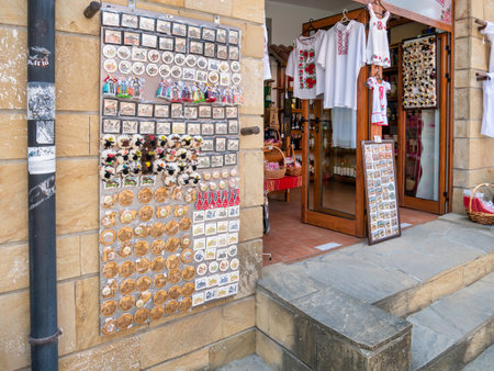 Veliko Tarnovo, Bulgaria - August 2022: Traditional souvenir shop locates on Samovodska Charshiya street one of the most important tourist attraction in Veliko Tarnovo.のeditorial素材