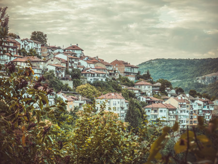 View from above with the medieval buildings and houses in Veliko Tarnovo, the historical and...