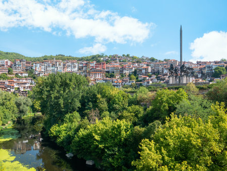 Veliko Tarnovo, Bulgaria - August 2022: View with Monument to the Assen Dynasty one of the main tourist attraction in Veliko Tarnovo, Bulgariaのeditorial素材