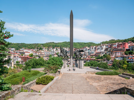 Veliko Tarnovo, Bulgaria - August 2022: View with Monument to the Assen Dynasty one pf the main tourist attraction in Veliko Tarnovo, Bulgariaのeditorial素材