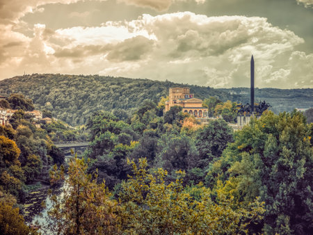 Veliko Tarnovo, Bulgaria - August 2022: View with Monument to the Assen Dynasty one pf the main tourist attraction in Veliko Tarnovo, Bulgariaのeditorial素材
