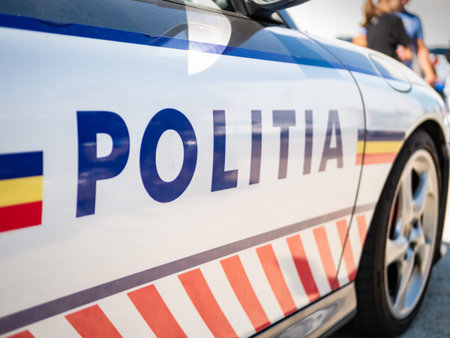 Bucharest, Romania - 10.07.2022: Police car on the street. Romanian police patrolling. Close up.のeditorial素材