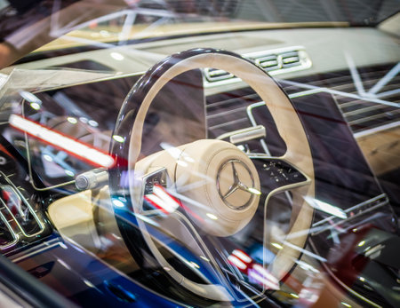 Bucharest, Romania - 10.07.2022: Close up with the interior and the steering wheel of a Luxury Mercedes or Maybach carのeditorial素材