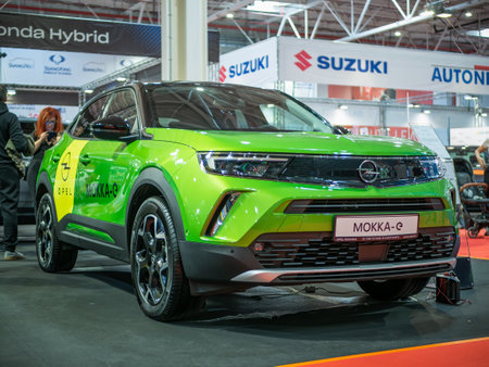 Bucharest, Romania - 10.07.2022: Close up detail front view with the new Opel Mokka-e electric SUV carのeditorial素材