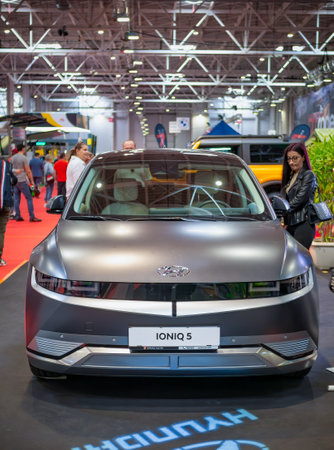 Bucharest, Romania - 10.07.2022: Close up detail front view with the new Hyundai Ioniq 5 electric carのeditorial素材