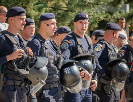 Bucharest, Romania - October 2022: : Police officers and Gendarmerie or military police closely supervising the demonstrators at a protest in Bucharest.のeditorial素材