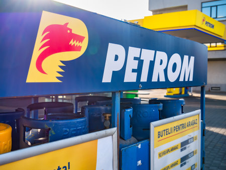 Bucharest, Romania - 01.02.2023: Petrom gas and fuel station in Bucharest. Petrom is oil company part of Austria's OMV.のeditorial素材