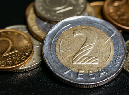 Macro detail with Bulgarian Lev coins. the Lev is the official currency of Bulgaria