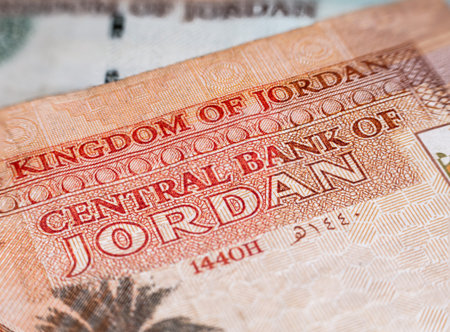 Macro detail picture with Five Jordanian dinar banknote. JOD is the official currency in The...