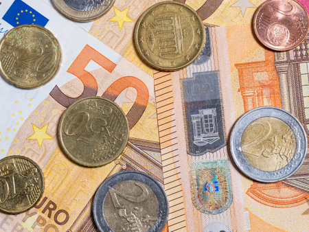 Close up detail with Euro coins and bankotes. European Currency Concept.の写真素材