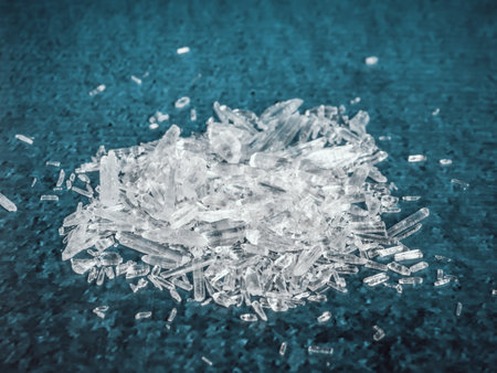 Natural menthol crystals on blue background.の写真素材