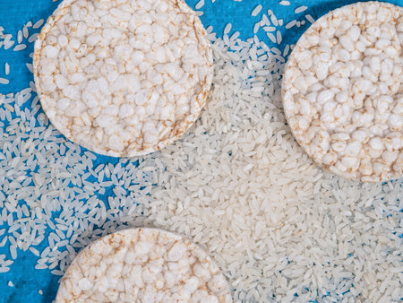 Round puffed crispy rice cakes. Low calorie food for diet.の写真素材
