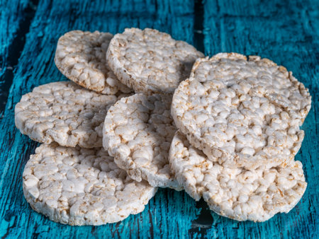 Round puffed crispy rice cakes. Low calorie food for diet.の写真素材