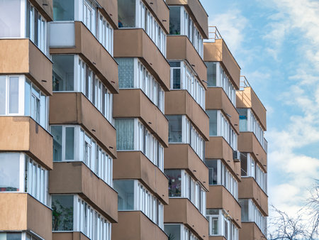 New reconditioned old communist apartment building. Ugly traditional communist housing ensembleの写真素材