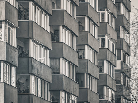 New reconditioned old communist apartment building. Ugly traditional communist housing ensembleの写真素材