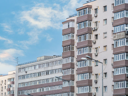 New reconditioned old communist apartment building. Ugly traditional communist housing ensembleの写真素材