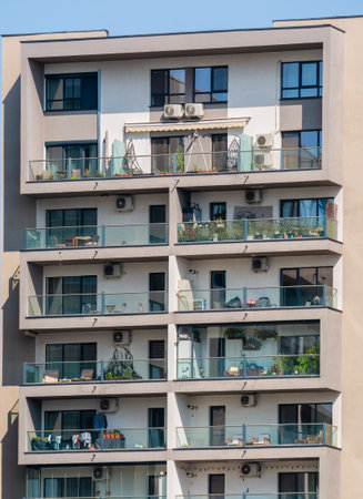 Close up detail with a new built apartment building in Bucharest, Romaniaの写真素材