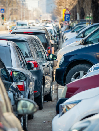 Many cars parked on the sidewalk and street in Bucharest, Romania.の写真素材