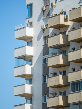 Close up detail with a new built apartment building in Bucharest, Romaniaの写真素材